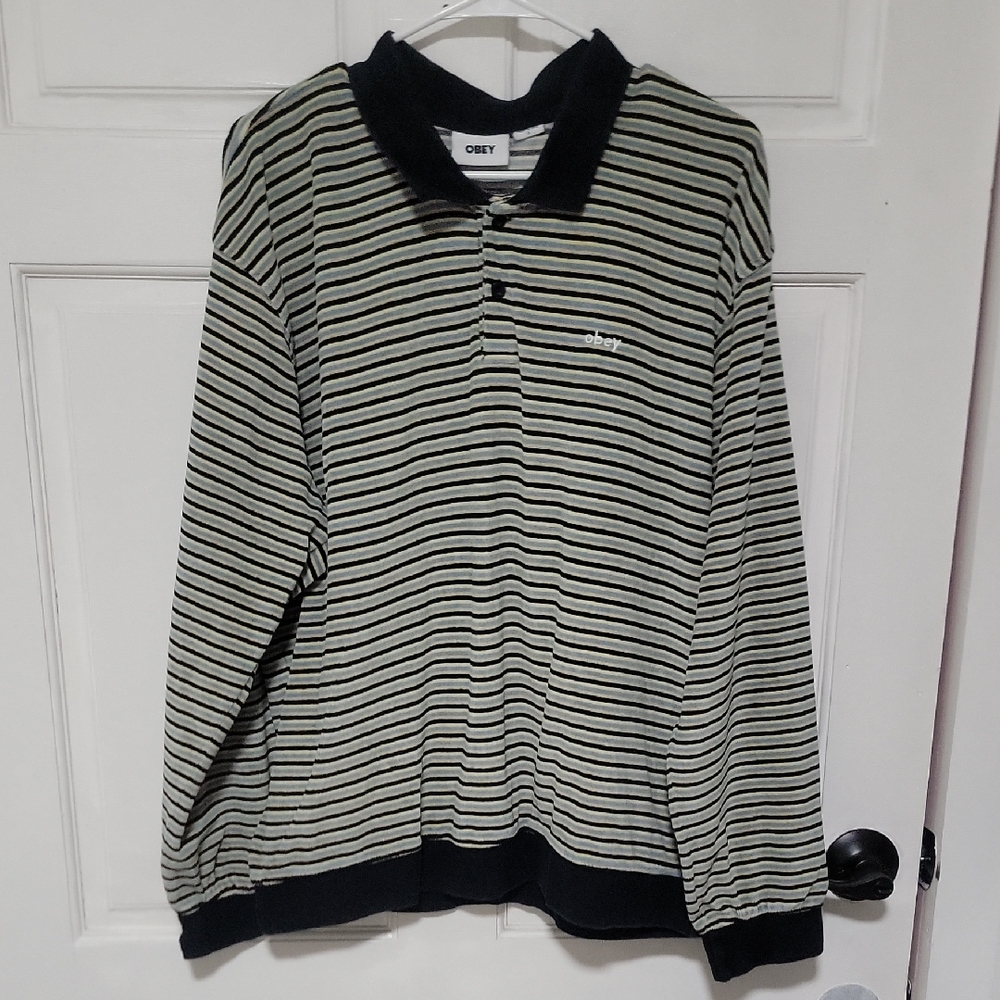 Authentic Japanese Obey Giant Striped Polo Shirt Limited Edition Trendy Classic